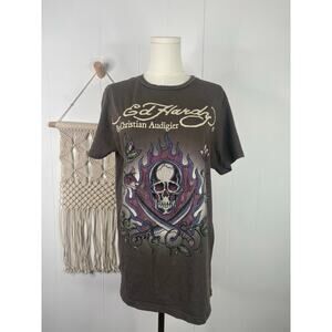Vintage Ed Hardy T Shirt Large Rhinestone Skull & Dagger Graphic Tee Pirate